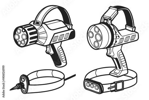 Black and white line art illustration of toy ray guns and a dart weapon.