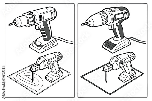 Two electric drills, corded and cordless, with drill bits, outline vector illustration.