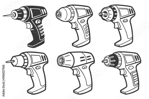 Hand Drawn Cordless Drills Set. Isolated Vector Illustration For Design and Decoration.