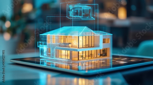A smart home design showcased on a digital tablet with a holographic model floating above, set in a high-tech living environment.