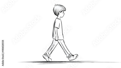 Lonely Young Man Strolling, Depressed Kid Walking on Urban Road Sketch