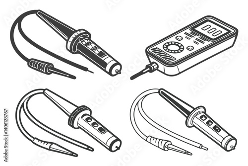 Oscilloscope probes and multimeter, line art vector set for electrical measurement and testing.