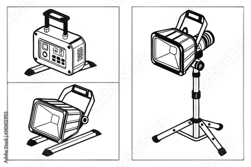 Vector Illustration Set of Portable Work Lights with Stands and Features.