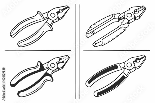 Vector outline illustration of electrician combination pliers used in construction, repair, and electrical work.