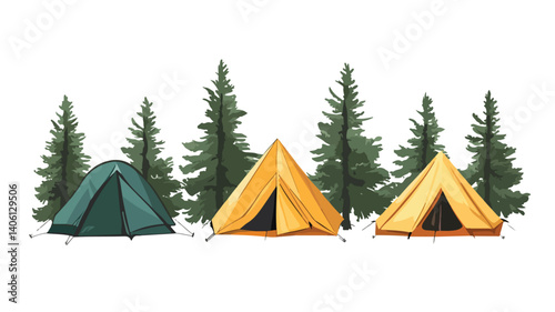 Tranquil Forest Camping Scene with Tents Vector Illustration