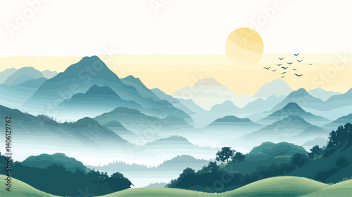 Serene Wide Landscape with Rolling Yuan Mountain