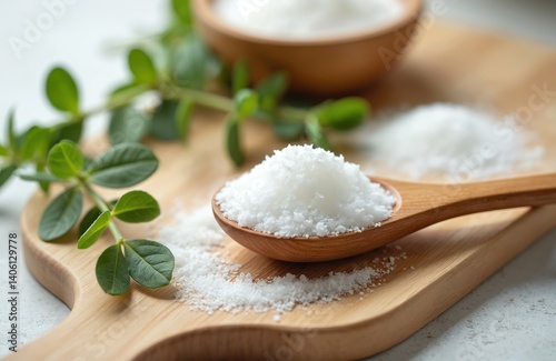 Granulated white sweetener in wooden spoon with green leaves. Sugar substitute, healthy food, low-calorie diet, for diabetics. Alternative to sugar with zero carbs.