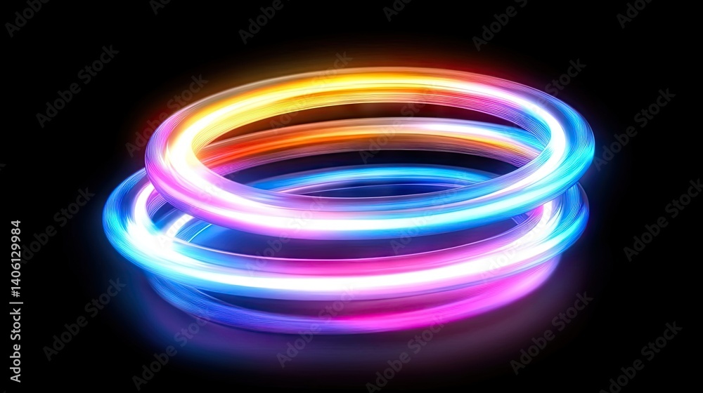 Vibrant neon rings interlock in a captivating design. Vibrant neon rings interlock in a captivating design.