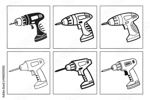 Screwdrivers vector illustration, black and white drawings of power tools in outline style.