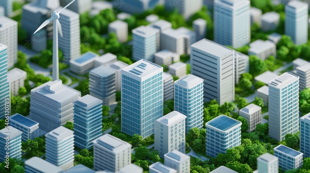 Urban landscape showcasing modern architecture with greenery and renewable energy options in a sustainable city model during daylight hours Urban landscape showcasing modern architecture with greenery and renewable energy options in a sustainable city model during daylight hours