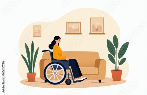 Woman in wheelchair sitting in living room. Indoor illustration of person with disability. Home interior with sofa, plant, framed art. Independent life for impaired people. Accessibility concept.