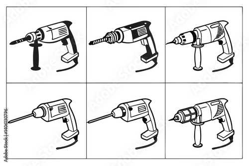 Black and White Illustration of Electric Drills with Corded Power Source, Tools.