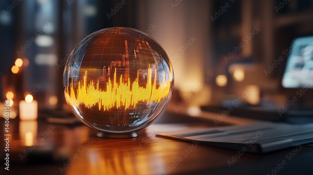 Illuminated crystal globe with stock market data reflecting on a wooden desk in a modern office at night : Generative AI Illuminated crystal globe with stock market data reflecting on a wooden desk in a modern office at night : Generative AI