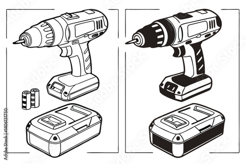 Line art illustration of a cordless drill, batteries, and rechargeable battery pack.