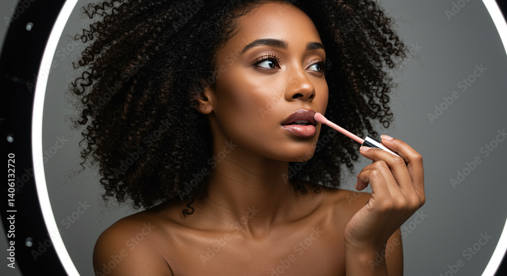 Woman applying lipstick with brush in beauty makeup session for perfect look and glamour style Woman applying lipstick with brush in beauty makeup session for perfect look and glamour style