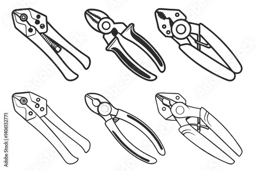 Set of Hand Tools in Line Art Style: Pliers, Wire Strippers, and Cutters