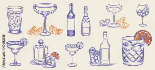 Hand-drawn collection of cocktails and drinks in various glass styles. Vintage ink sketch vector illustrations of classic alcoholic beverages. 