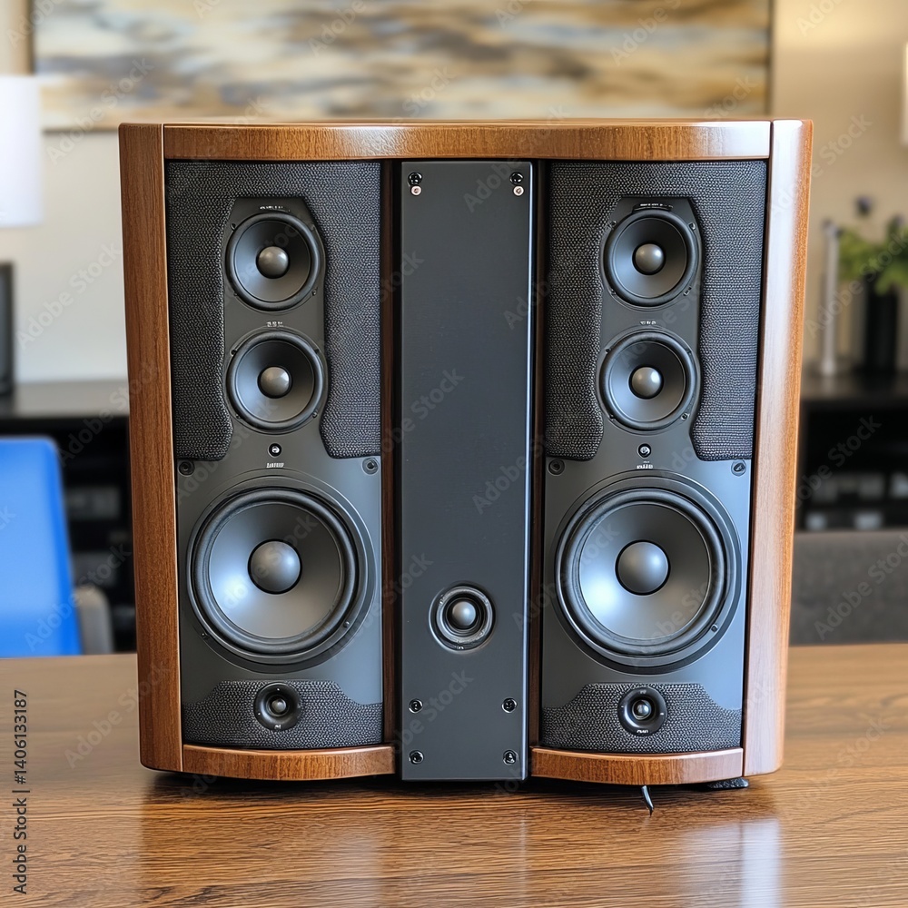 Fototapeta premium Modern Home Theater Speaker Setup with High-Fidelity Sound System and Wireless Audio Equipment for Enhanced Listening Experience