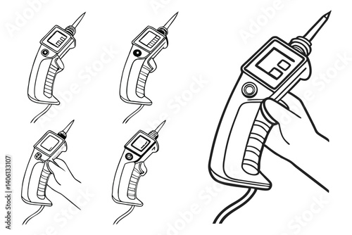 Automotive circuit tester illustration, voltage tester in hand, electrical troubleshooting tool, car repair equipment.