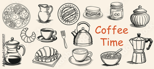 Vector set of food and coffee icons illustrated in a chalk and crayon-inspired hand-drawn style. Minimalist line art doodles capturing the essence of la dolce vita breakfast. 