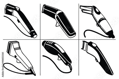 Black and White Electric Hair Clippers Vector Set Isolated on White Background.