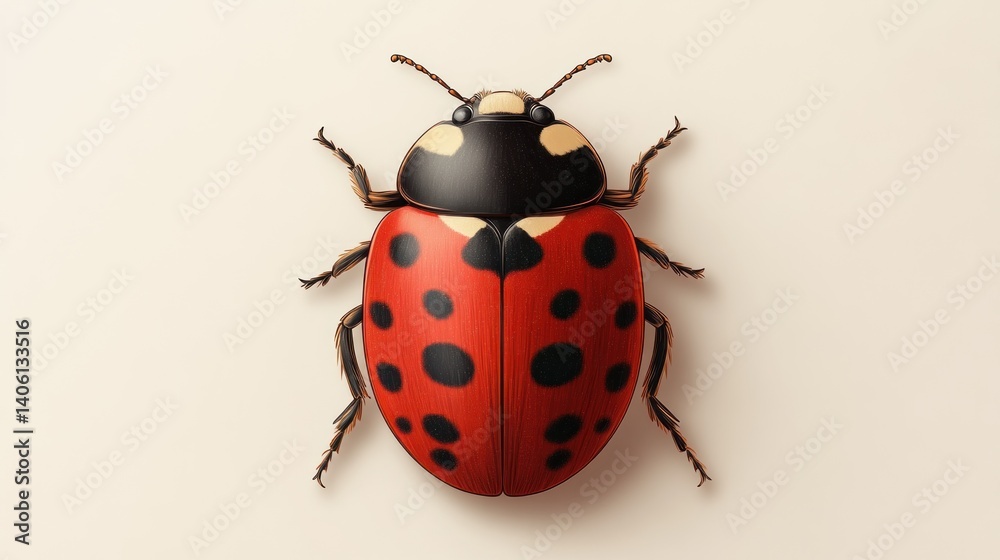 Vibrant Red Insect with Black Spots on a Neutral Background