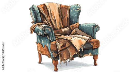 Vintage Broken Chair with Torn Fabric and Patches isolated on white background