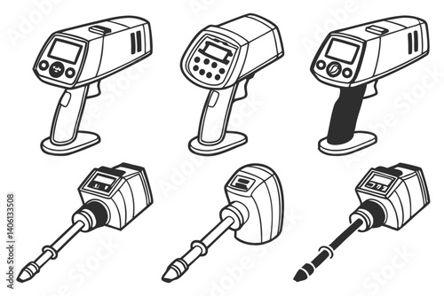 Isolated Line Art Set of Handheld Barcode Scanners and Industrial Inspection Equipment