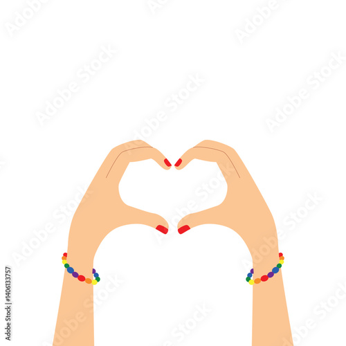 heart hand gesture, message of love, I love you, hands with rainbow colored bracelets, vector illustration
