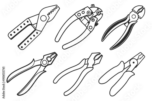 Variety of Pliers Outline Icons: Hand Tools for Electricians and Technicians