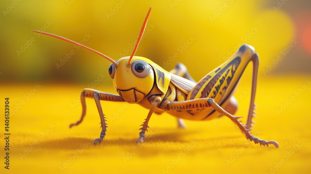 Fototapeta premium Vivid Yellow Insect with Long Antennae on a Golden Background