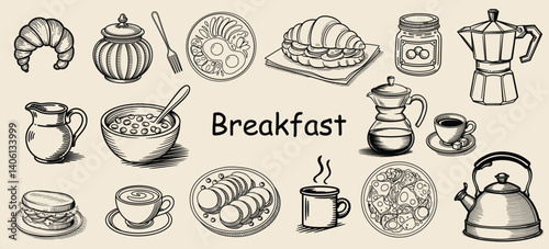 Hand-drawn vector illustration of La Dolce Vita-inspired breakfast doodles. Features food and coffee icons in a chalk and crayon sketch style with minimalist line art. Perfect for invitations, menu de