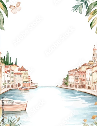 Serene Watercolor Illustration of Coastal Landscape with Boats and Riverside Architecture - Perfect for Elegant Artwork Decor