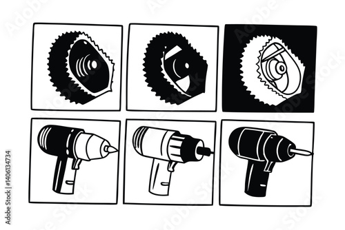 Monochrome Hand Drawn Illustrations of Drills and Circular Saw Blades in Square Frames