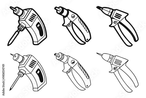Black and White Vector Outline Illustration of Drill and Caulking Gun Tools