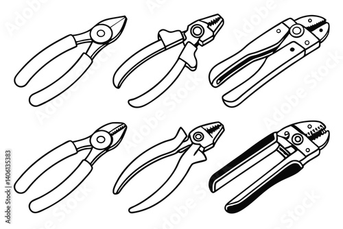 Black and White Line Art Set of Various Pliers, Hand Tools Illustration