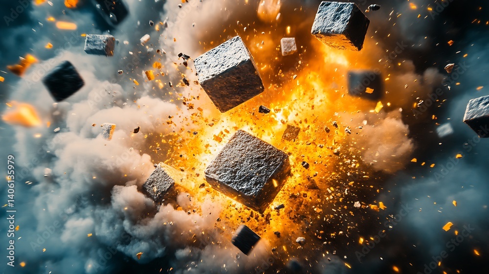 Naklejka premium Striking Visual of Explosive Energy with Rocks and Flames Creating a Stunning Abstract Composition : Generative AI
