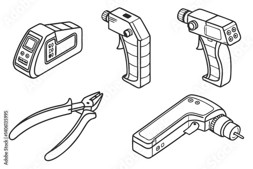Line art illustration of several crafting tools on a white background, isometric view.