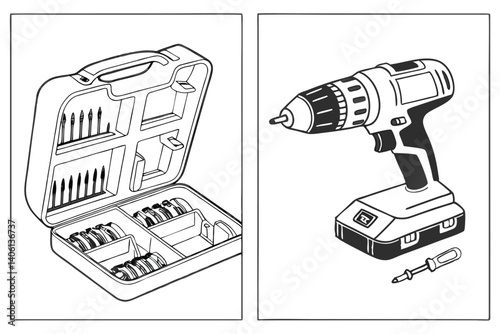 Black and white line art of toolbox with bits and cordless drill set.