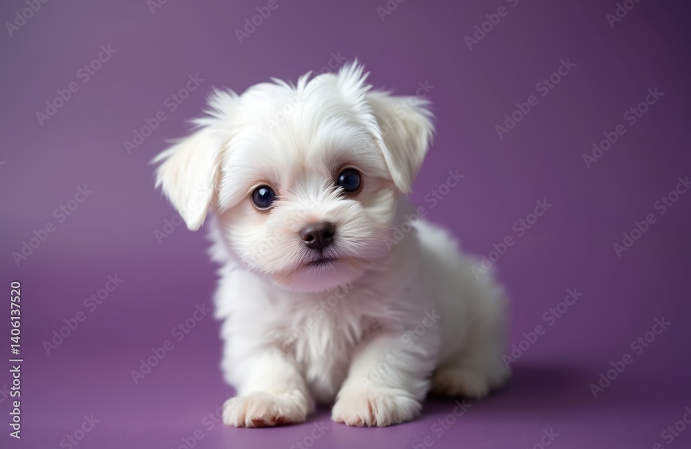 Adorable Maltese puppy with fluffy white fur on purple background. Cute small dog portrait. Lovely baby puppy pet. Happy, playful, friendly domestic animal. Smiling puppy face. Adorable Maltese puppy with fluffy white fur on purple background. Cute small dog portrait. Lovely baby puppy pet. Happy, playful, friendly domestic animal. Smiling puppy face.