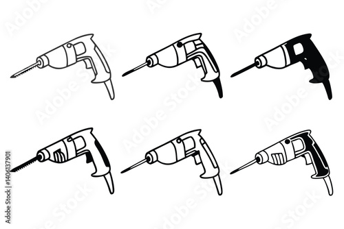 Black and white vector set of hand drawn electric drill icons on white.