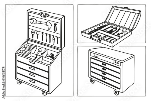 Toolbox and cabinet filled with various hand tools, line art illustration in black and white.