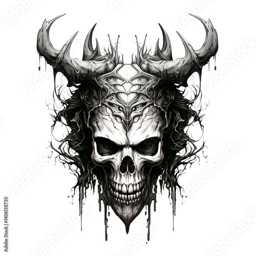 This is a darkly detailed artistic rendering of a skull with horns and a demonic aesthetic.