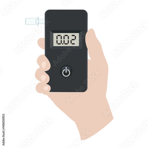 Hand holding a breathalyzer device for measuring blood alcohol or breath alcohol content with mouthpiece and digital display in vector