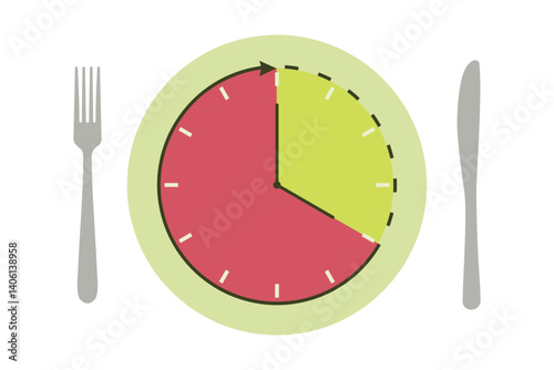 Dinner plate and cutlery with clock symbol for intermittent fasting diet concept in vector