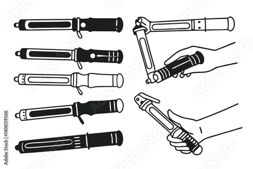 Hair Curling Irons Collection: Black and White Doodle Style Vector Illustration.
