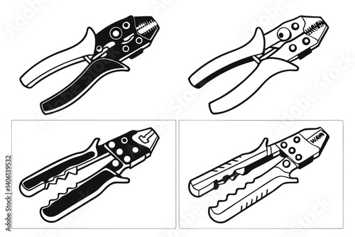 Four stylized vector illustrations of wire crimpers for electrical work and repair