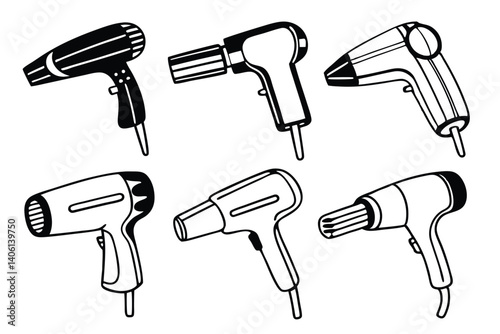 Hair Dryer Collection: Black and White Line Art Illustrations for Hair Styling and Design Elements.