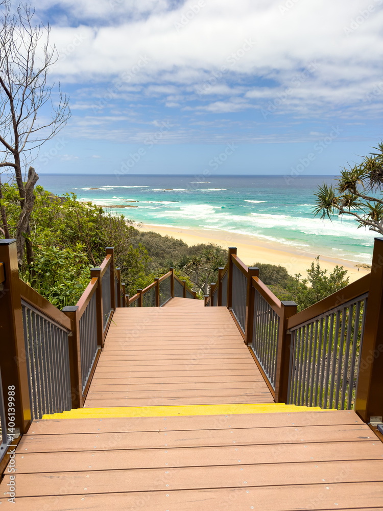 Fototapeta premium Stairs leading down to Frenchmans Beach on Stradbroke Island off the coast of Brisbane in Queensland, Australia
