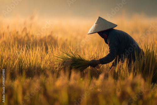 Obraz na płótnie Filipino farmer harvesting rice with golden hour light and negative space on left w salonie